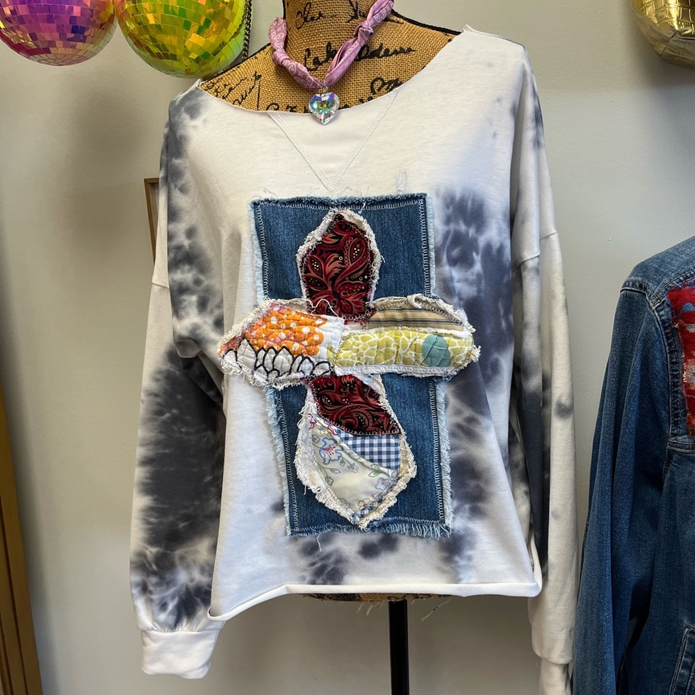 Boho Patchwork Tunic in White and Blue